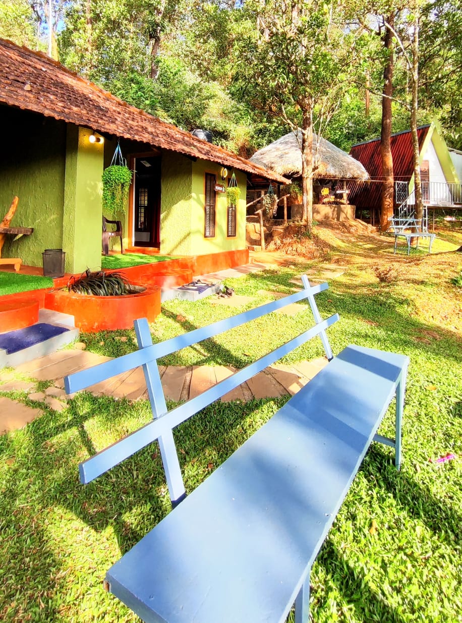 Exterior of Green Cottage with Blue Bench